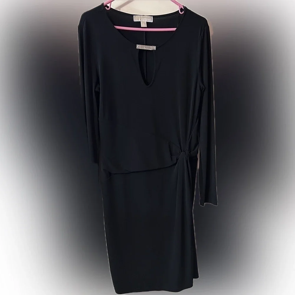 Michael Michael Kors Black Long Sleeve Keyhole Sheath Dress with Side Knot Drape